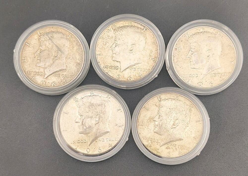 1964 Kennedy Silver Half Dollars Lot of 5 Uncirculated 90% US Mint Rare Coins